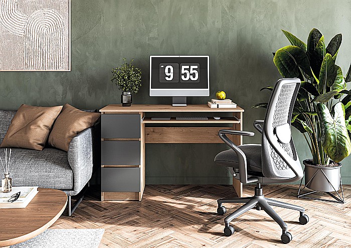Birou cu suport glisant tastatura HM Cino, blat PAL, sertare, organizare office, design modern, stejar artizanal/antracit [1]