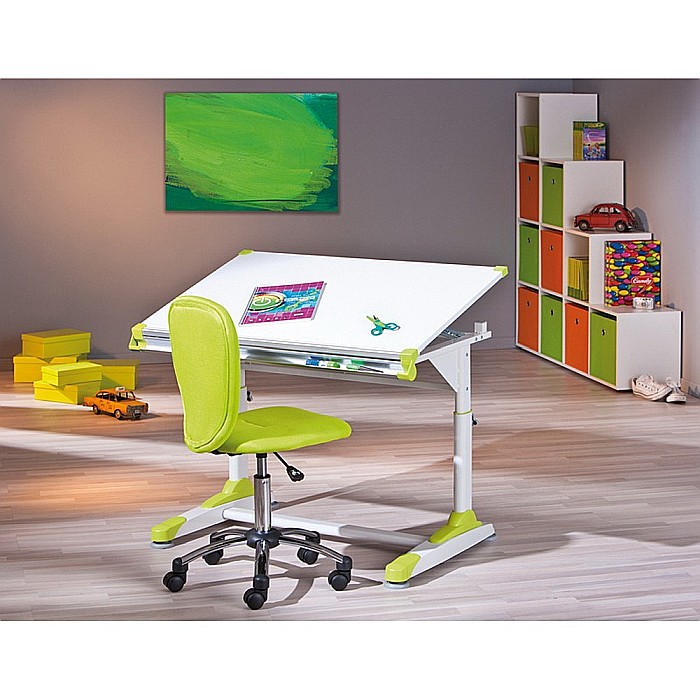 Birou ergonomic pentru copii HM Collorido, inaltime reglabila, unghi inclinare ajustabil, cadru metalic, MDF, 100x66x69-84 cm, alb [3]