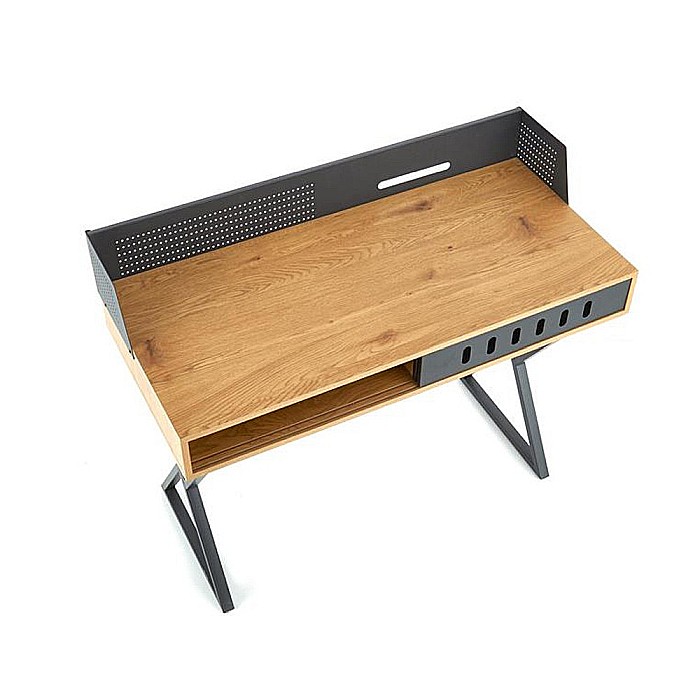 Birou HM B43, cadru metalic, MDF, spatiu depozitare, 110x51x90 cm, stejar/negru [7]