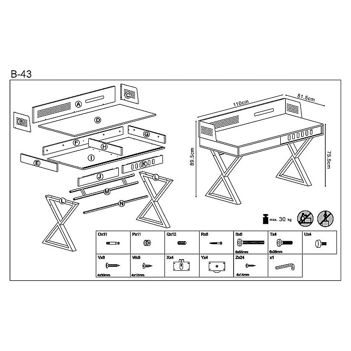 Birou HM B43, cadru metalic, MDF, spatiu depozitare, 110x51x90 cm, stejar/negru [8]