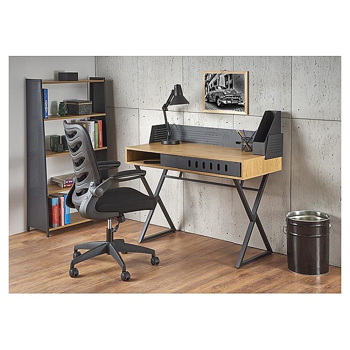 Birou HM B43, cadru metalic, MDF, spatiu depozitare, 110x51x90 cm, stejar/negru [2]
