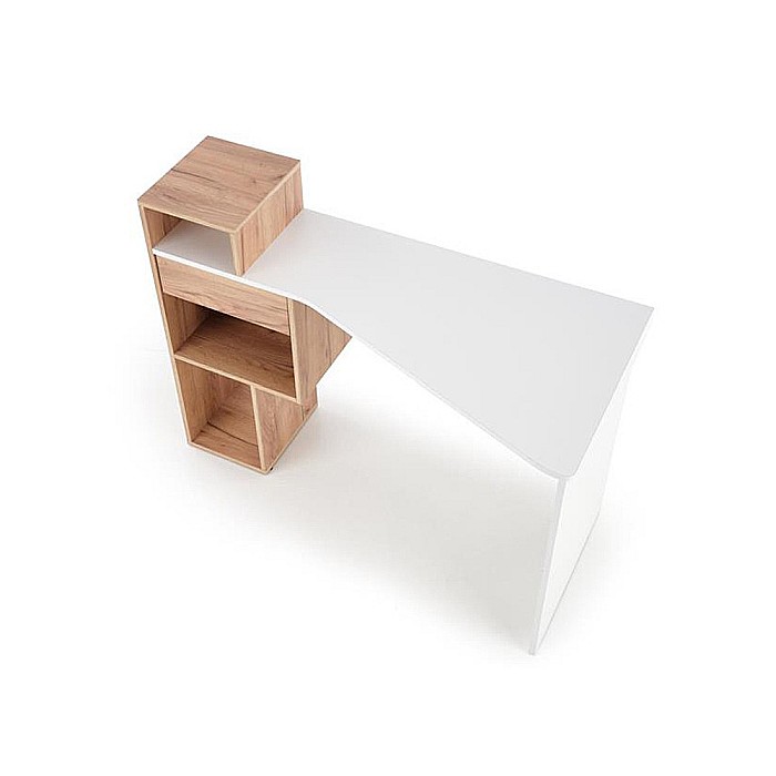 Birou HM Conti, rafturi, sertar, PAL melaminat, 122x57x90 cm, stejar auriu/alb [2]