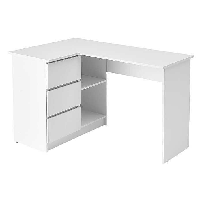 Birou pe colt HM Bega, blat PAL, 3 sertare, 2 rafturi, design modern, alb [8]