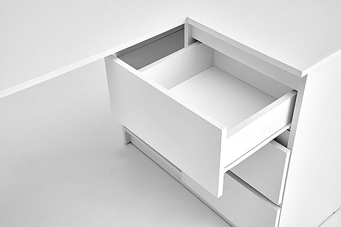 Birou pe colt HM Bega, blat PAL, 3 sertare, 2 rafturi, design modern, alb [10]