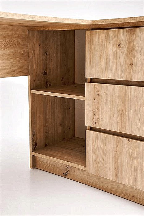 Birou pe colt HM Bega, blat PAL, 3 sertare, 2 rafturi, design modern, stejar artizanal [10]