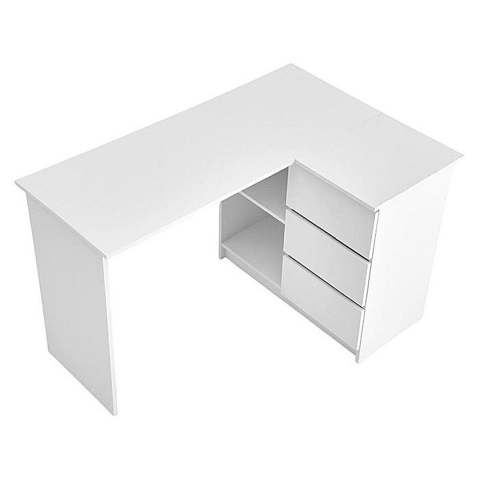Birou pe colt HM Bega, blat PAL, 3 sertare, 2 rafturi, design modern, alb [6]