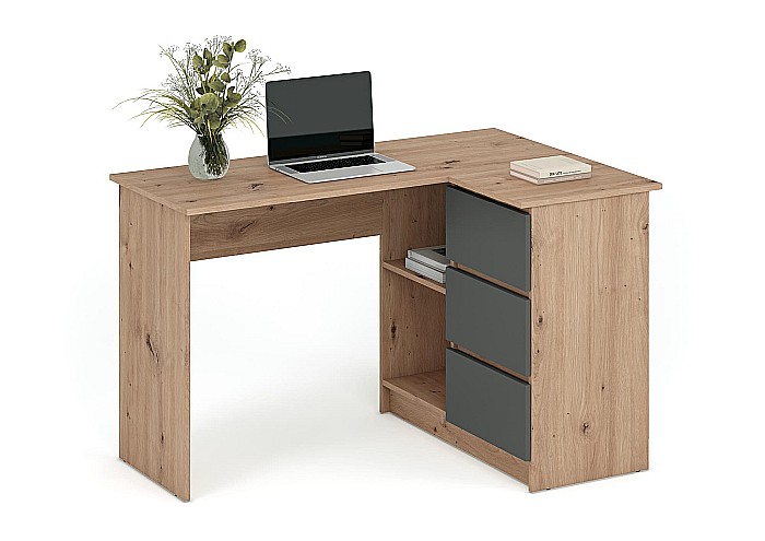 Birou pe colt HM Bega, blat PAL, 3 sertare, 2 rafturi, design modern, stejar artizanal/antracit [4]