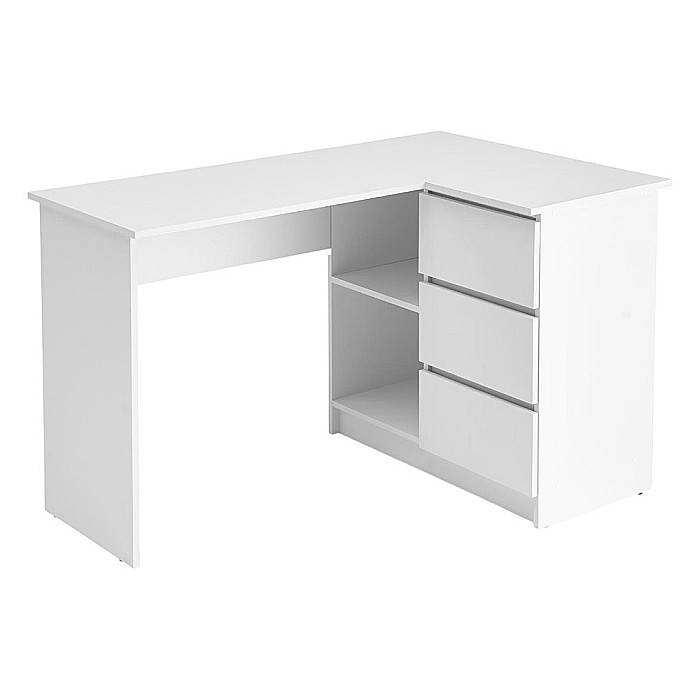 Birou pe colt HM Bega, blat PAL, 3 sertare, 2 rafturi, design modern, alb [3]