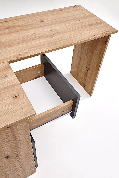 Birou pe colt HM Bega, blat PAL, 3 sertare, 2 rafturi, design modern, stejar artizanal/antracit [7]