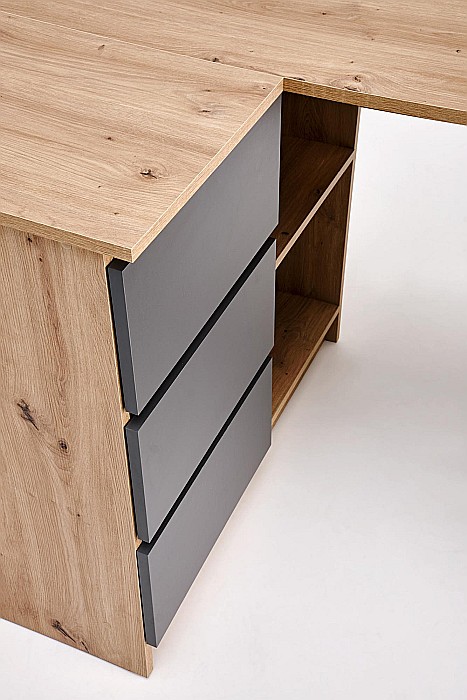 Birou pe colt HM Bega, blat PAL, 3 sertare, 2 rafturi, design modern, stejar artizanal/antracit [8]