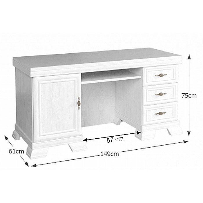 Birou VMB, clasic, 3 sertare, usa, polita tastatura, Pal Melaminat, insertii MDF, Alb Antichizat [4]
