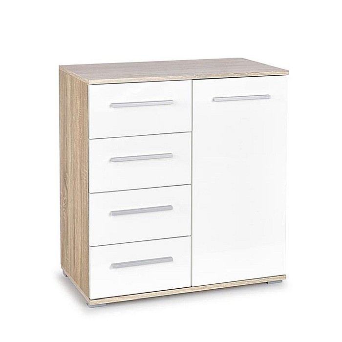 Comoda dormitor HM Lima KM2, Pal Melaminat, cu o usa, 4 sertare, cant ABS, stejar sonoma/alb [2]