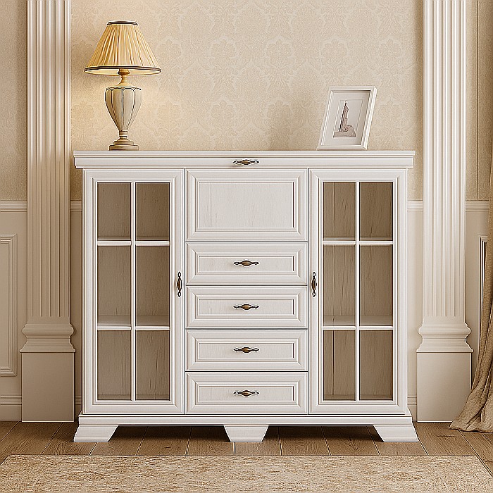 Comoda living cu vitrina VM7, o usa rabatabila pentru bar, 2 usi fixe, 3 sertare, Pal melaminat, cu insertii MDF, Alb Antichizat [1]