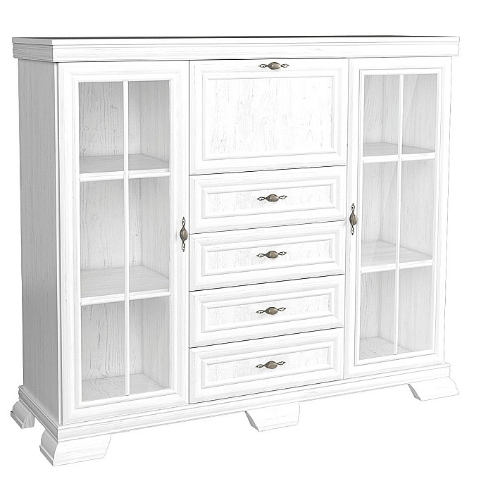 Comoda living cu vitrina VM7, o usa rabatabila pentru bar, 2 usi fixe, 3 sertare, Pal melaminat, cu insertii MDF, Alb Antichizat [3]