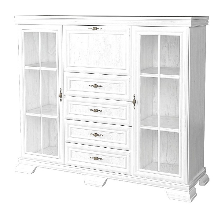 Comoda living cu vitrina VM7, o usa rabatabila pentru bar, 2 usi fixe, 3 sertare, Pal melaminat, cu insertii MDF, Alb Antichizat [2]