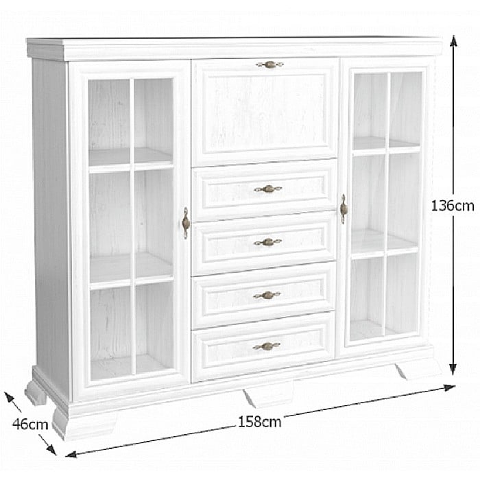 Comoda living cu vitrina VM7, o usa rabatabila pentru bar, 2 usi fixe, 3 sertare, Pal melaminat, cu insertii MDF, Alb Antichizat [4]