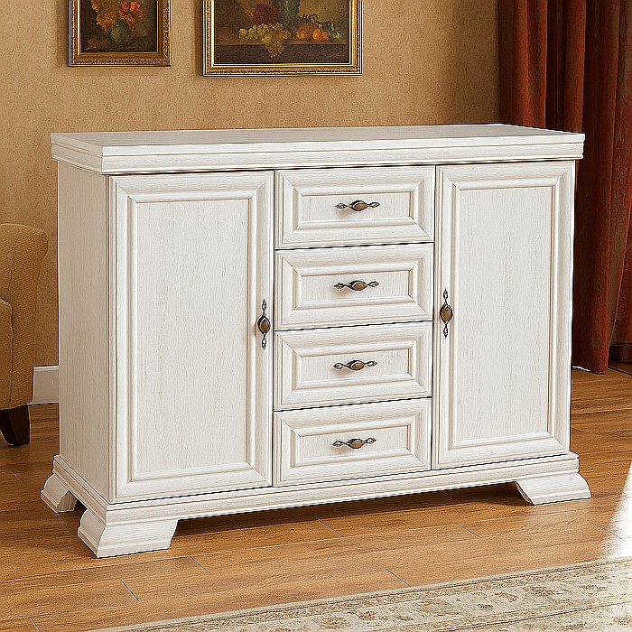 Comoda living si dormitor, VM3, 4 sertare, 2 usi, Pal melaminat, cu insertii MDF, Alb Antichizat [1]