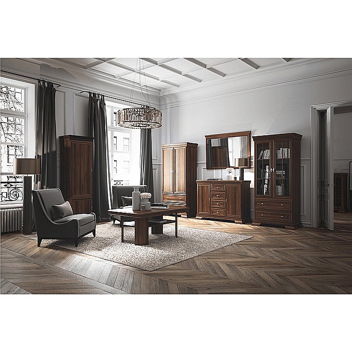Comoda living VM5, o usa rabatabila pentru bar, 2 usi fixe, Pal Melaminat, cu elemente din MDF, Nuc [6]