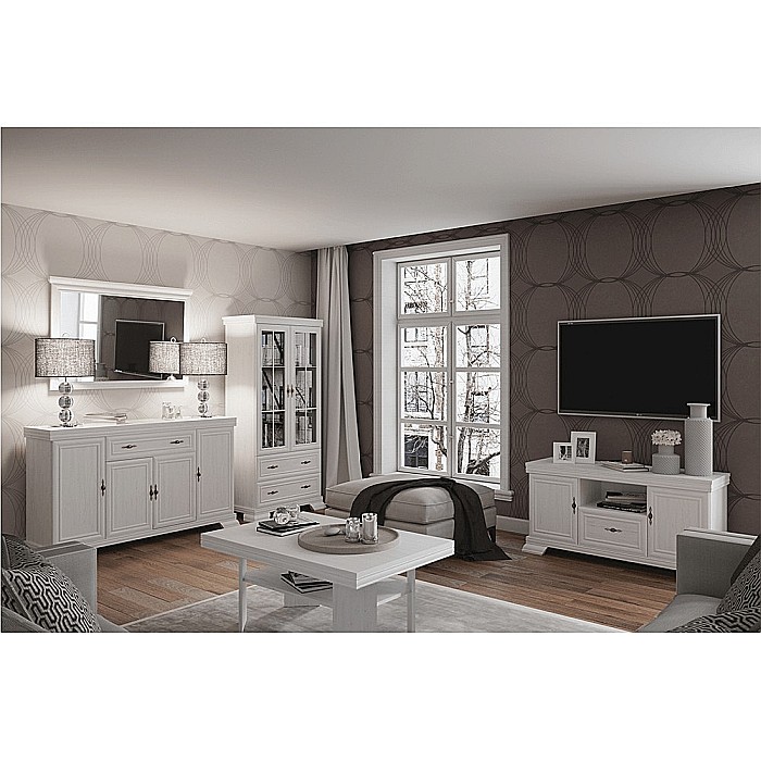 Comoda living VM6P, o usa rabatabila pentru bar, 2 usi fixe, 3 sertare, Pal melaminat, cu insertii MDF, Alb Antichizat [5]