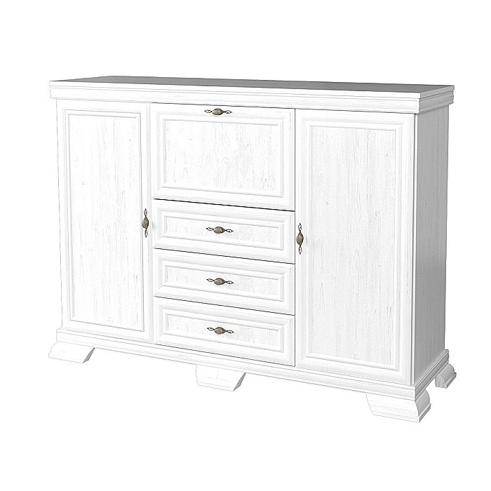 Comoda living VM6P, o usa rabatabila pentru bar, 2 usi fixe, 3 sertare, Pal melaminat, cu insertii MDF, Alb Antichizat [2]