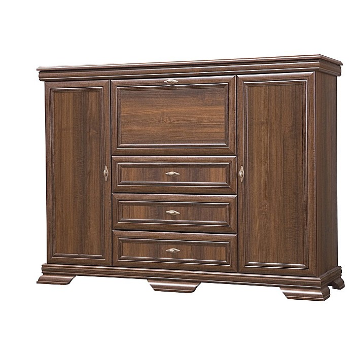 Comoda living VM6P, o usa rabatabila pentru bar, 2 usi fixe, 3 sertare, Pal melaminat, cu insertii MDF, Nuc [2]