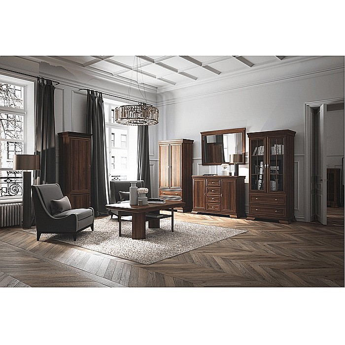 Comoda living VM6P, o usa rabatabila pentru bar, 2 usi fixe, 3 sertare, Pal melaminat, cu insertii MDF, Nuc [4]