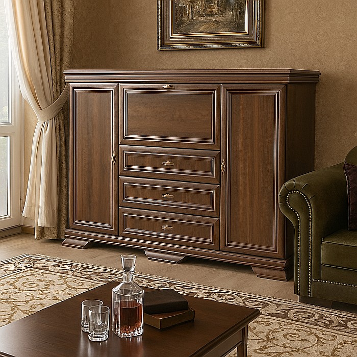 Comoda living VM6P, o usa rabatabila pentru bar, 2 usi fixe, 3 sertare, Pal melaminat, cu insertii MDF, Nuc [1]