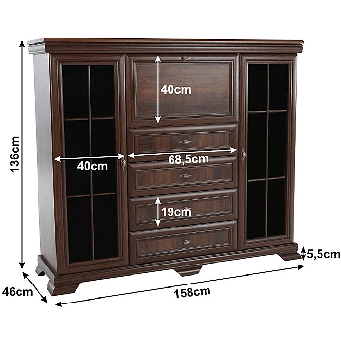 Comoda living cu vitrina VM7, o usa rabatabila pentru bar, 2 usi fixe, 3 sertare, Pal melaminat, cu insertii MDF, Nuc [4]