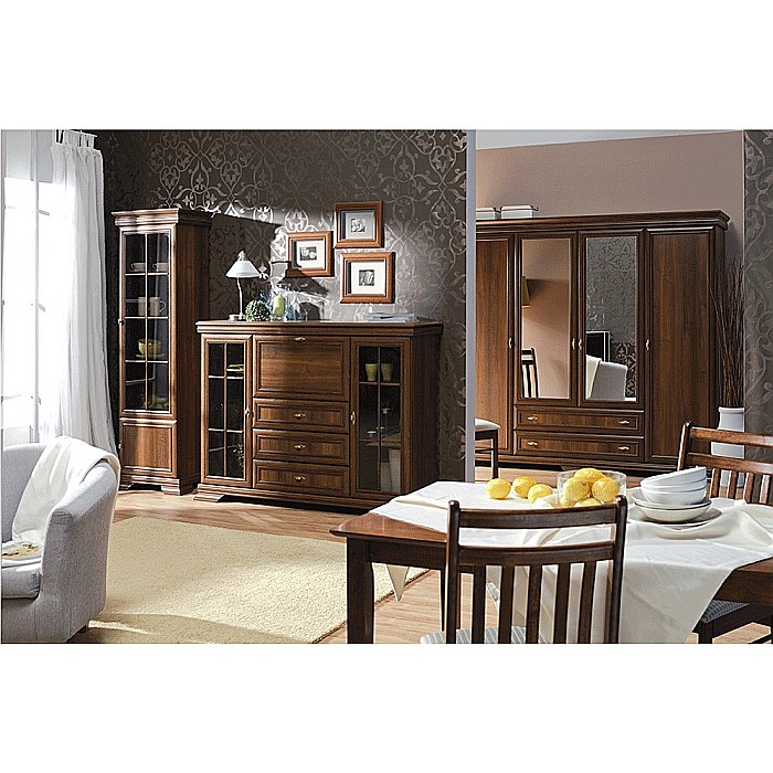 Comoda living cu vitrina VM7, o usa rabatabila pentru bar, 2 usi fixe, 3 sertare, Pal melaminat, cu insertii MDF, Nuc [11]