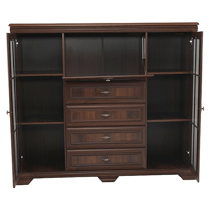 Comoda living cu vitrina VM7, o usa rabatabila pentru bar, 2 usi fixe, 3 sertare, Pal melaminat, cu insertii MDF, Nuc [9]