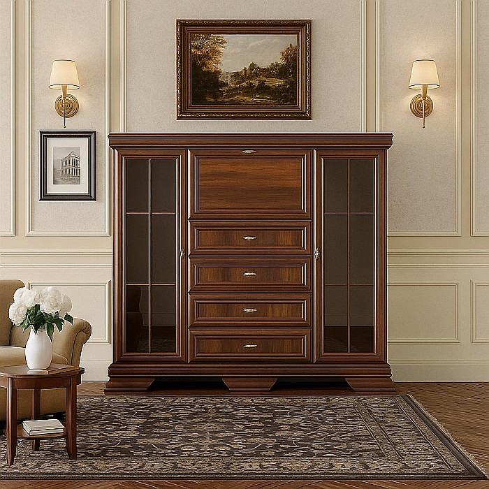 Comoda living cu vitrina VM7, o usa rabatabila pentru bar, 2 usi fixe, 3 sertare, Pal melaminat, cu insertii MDF, Nuc [1]