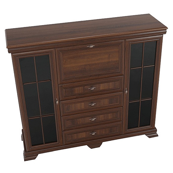 Comoda living cu vitrina VM7, o usa rabatabila pentru bar, 2 usi fixe, 3 sertare, Pal melaminat, cu insertii MDF, Nuc [7]