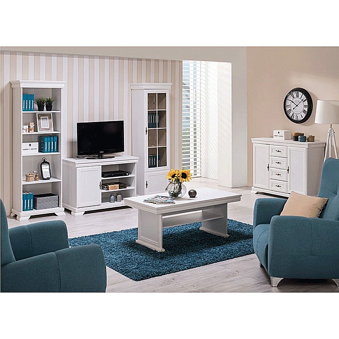 Comoda living VMT, Pal Melaminat, cu o usa, 3 polite, cu elemente din MDF, Alb Antichizat [6]