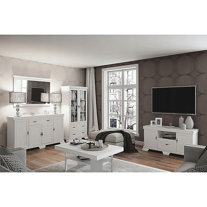 Comoda living VMT2, Pal Melaminat, cu 2 usi, sertar, cu elemente din MDF, Alb Antichizat [7]