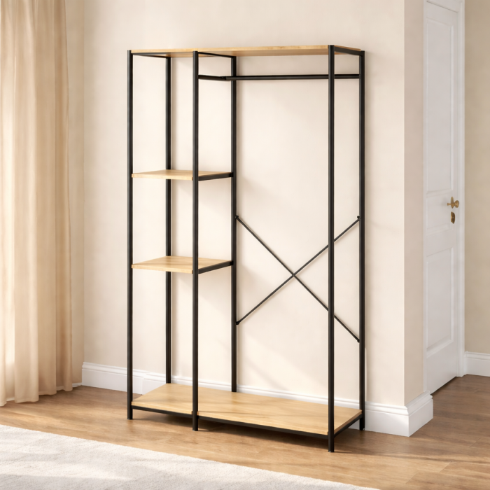 Cuier haine hol cu bara de haine si rafturi, cadru metalic, MDF, stejar [2]