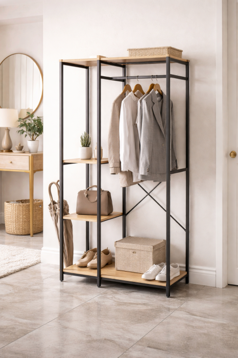 Cuier haine hol cu bara de haine si rafturi, cadru metalic, MDF, stejar [3]