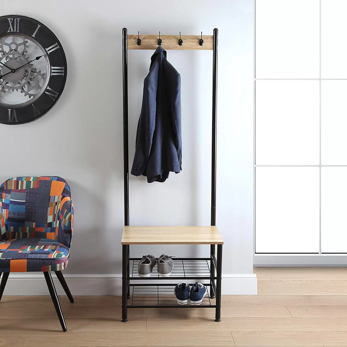 Cuier haine hol cu suport pantofi cadru metalic, PAL, 60x40x175 cm, negru [3]