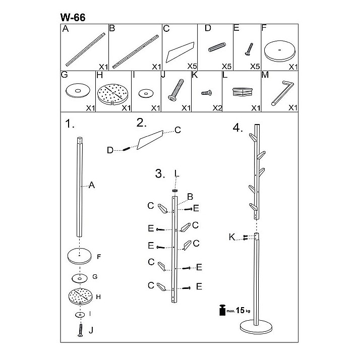 Cuier lemn masiv tip pom HM W66, baza metalica, 5 agatatori, de podea, negru [4]