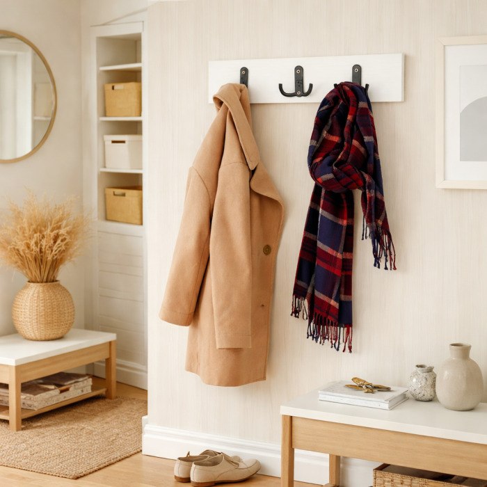 Cuier perete compact cu 3 agatatori 44x11 cm, alb [2]