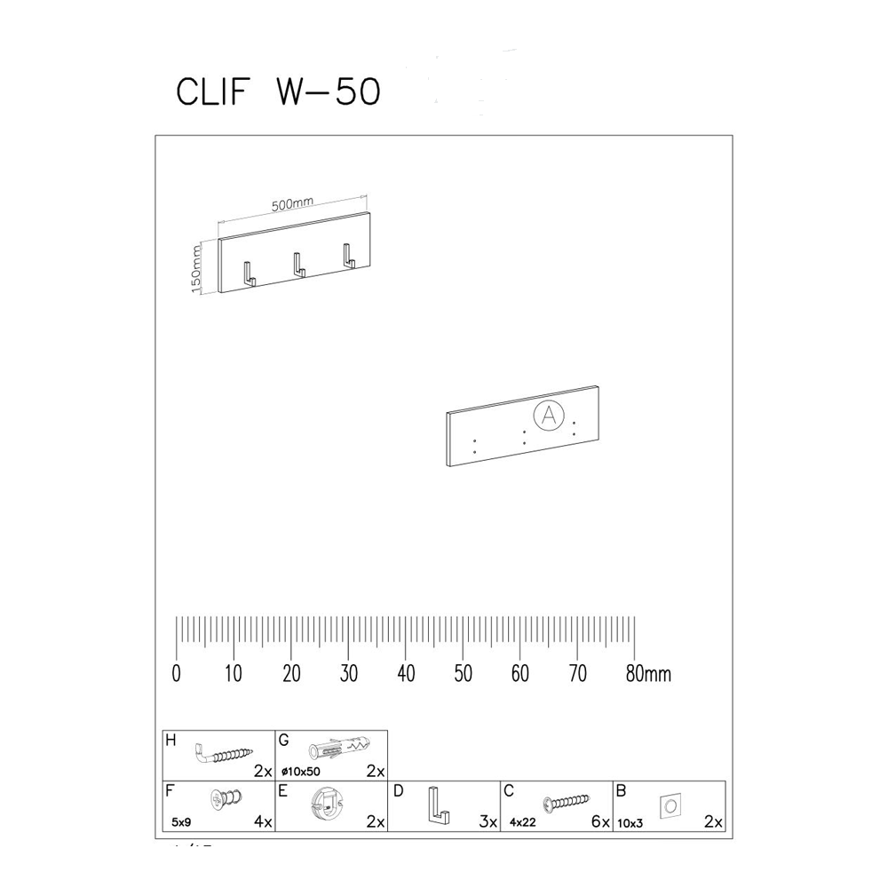 Cuier perete compact cu 3 agatatori HM Clif W50, 50x15 cm, alb [3]
