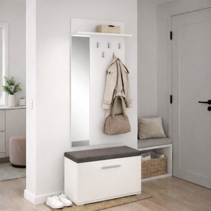 Cuier perete cu oglinda HM Lima PR-1, Pal Melaminat, 5 agatatori, alb [4]