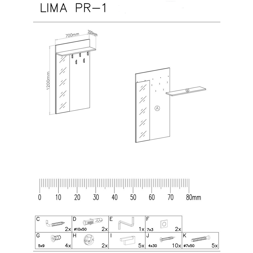 Cuier perete cu oglinda HM Lima PR-1, Pal Melaminat, 5 agatatori, stejar sonoma [3]