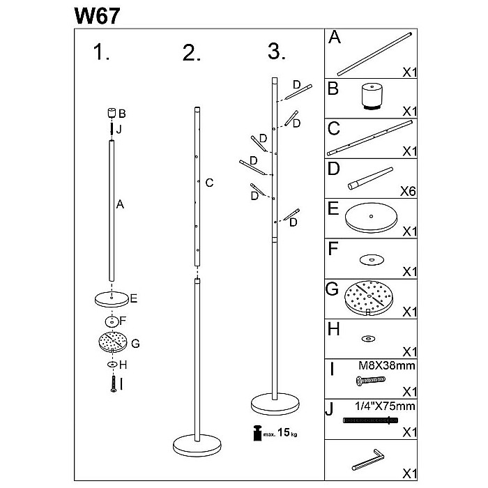 Cuier tip pom HM W67, baza metalica, 6 agatatori, de podea, negru [4]