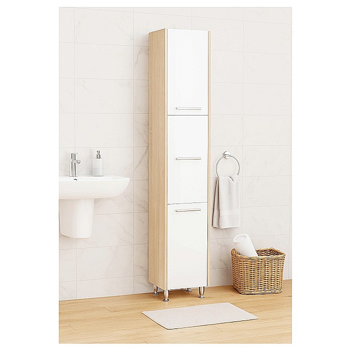 Dulap baie tip coloana GN0201, Pal lucios, 6 rafturi, 3 usi, picioare reglabile, 30x30x180 cm, alb/stejar sonoma [1]