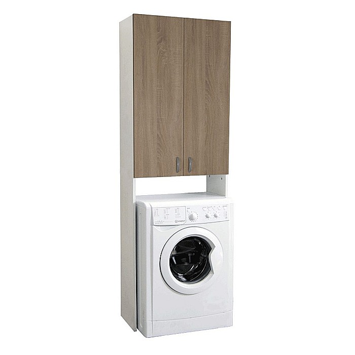 Dulap baie tip coloana pentru masina de spalat, inalt, Pal Melaminat, 2 usi, 3 rafturi, 64x30x195 cm, alb/sonoma [3]