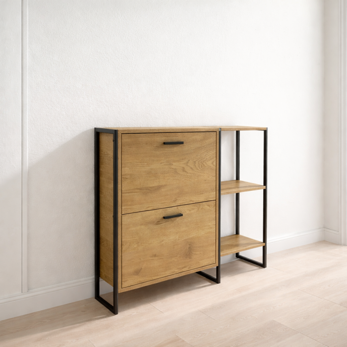 Dulap pentru depozitare pantofi Marilyn, 2 usi, rafturi, cadru metalic, MDF, stejar [3]