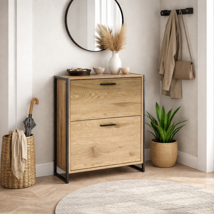 Dulap pentru depozitare pantofi Pia, 2 usi, cadru metalic, MDF, stejar [4]