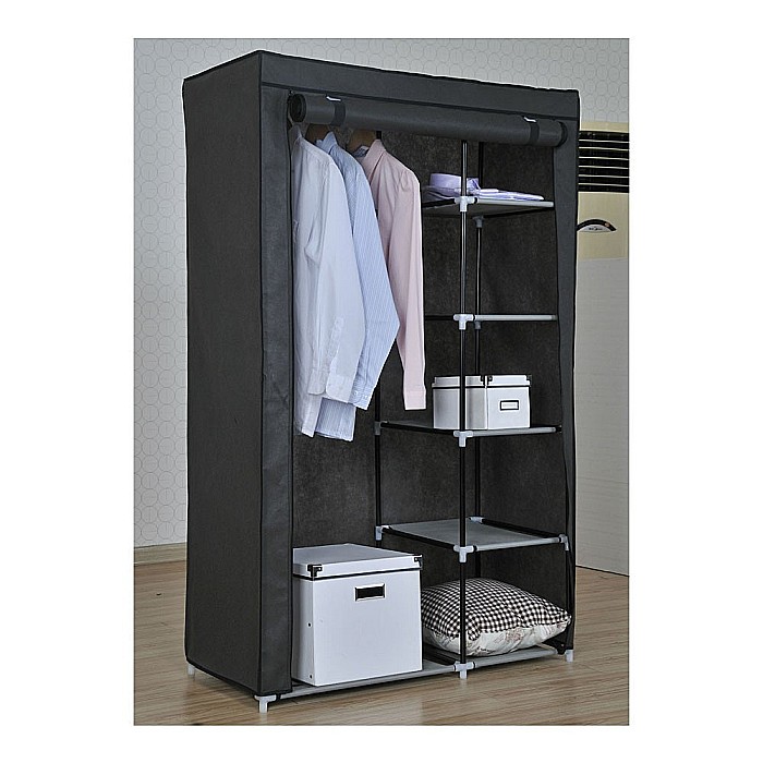 Dulap textil GN cu 2 fermoare, pentru depozitare haine, 5 polite, cu suport umerase, portabil, negru [2]