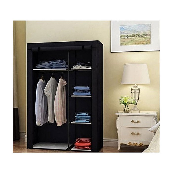 Dulap textil GN cu 2 fermoare, pentru depozitare haine, 5 polite, cu suport umerase, portabil, negru [3]