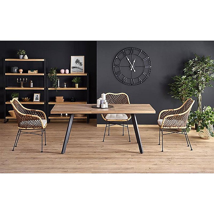 Masa extensibila living HM Berlin, MDF laminat, cadru metalic, 140-180x85x76 cm, 8 persoane, nuc/negru [4]